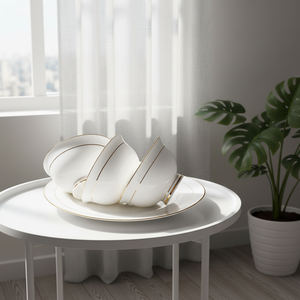 Service de vaisselle en porcelaine fine avec bordure dorée et motif double ligne, ensemble de bols et assiettes en porcelaine <span class=keywords><strong>blanche</strong></span> pour hôtel, restaurant et maison - Product Image 5