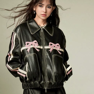 เสื้อแจ็กเก็ตห<span class=keywords><strong>น</strong></span>ังเทียมสำหรับผู้หญิงแฟชั่นย้อนยุคปกสีทึบปักลายโบว์แข<span class=keywords><strong>น</strong></span><span class=keywords><strong>ยาว</strong></span>มีซิป - Product Image 1