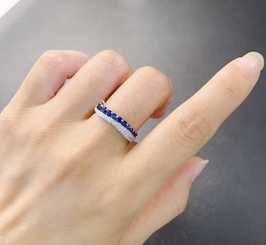 Anel de ouro 9K/14K/18K com safira azul cultivada em laboratório, anel de banda de eternidade 0.8CT, anel de casamento 18K para festas, dropshipping