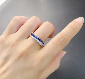 Dropshipping 9K/14K/18K Gold Lab Grown Blue Sapphire Ring 0.8CT Eternity Band Rings 18K Wedding Ring for Parties