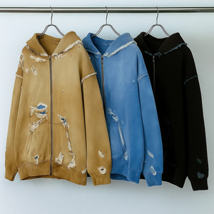 Sudadera con capucha desteñida desgastada lavada con ácido de gran tamaño de 450g/m2 de 100% algodón con cremallera desgarrada estilo lavado vintage talla 8XL - Product Image 1