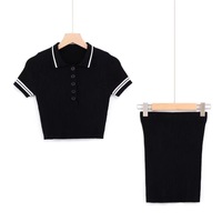 Ensemble deux pièces côtelé style preppy pour femme : haut à revers et manches courtes, mini-jupe taille haute ajustée pour les vacances, le week-end ou les tenues quotidiennes