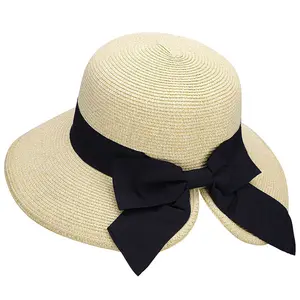 Hot Sale Ladies Sun Protection Straw Hat Summer Outdoor Floppy Bowler Beach Hat Upf 50+ Foldable Ribbon Bow Wide Brim Sun Hats