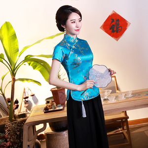 伝統的な中国風Oネック女性用ヴィンテージ唐服カジュアル半袖ブラウスボタン付きサマーパーティーシフォン細身フィットドラゴン柄 - Product Image 2