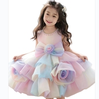 Robe de princesse à grand nœud et volants multicouches en tulle perlé pour enfants, vêtements pour bébés filles, vente en gros, robes d'été pour enfants