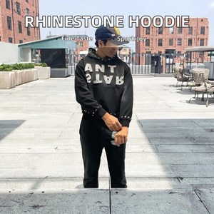 Sudadera con capucha de algodón de rizo francés de peso pesado lavada con ácido vintage personalizada para hombre de gran tamaño con bolsillo de diamantes de imitación impreso de punto teñido liso - Product Image 2