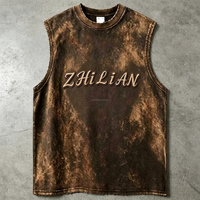Gilet sans manches vintage marron délavé et vieilli, broderie ZHILIAN, imprimé graphique rétro baseball, débardeur décontracté oversize à lettres