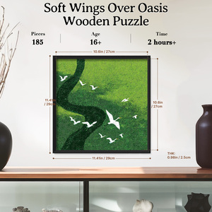 Rompecabezas de madera irregular Soft Wings Over Oasis, rompecabezas de madera cuadrado de 185 piezas, ilustración artística de paisaje verde con aves garzas - Product Image 2