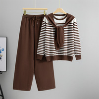 Ensemble deux pièces pour femme, style automne-hiver, tricot tendance, pull rayé, pantalon large