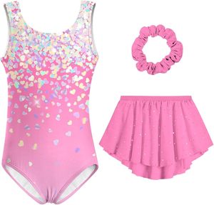 Ensemble de justaucorps de gymnastique pour filles, léger, sans couture, en spandex/polyester tricoté, avec sequins en forme de cœur roses, jupe plissée, pour la danse et le gymnastique - Product Image 1