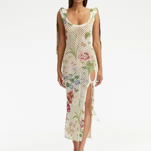 Women Casual Floral Print Long Summer Dresses Slit Sleeveless Digital Printing Printed Midi Woman Dress 2018 2024 Crochet Dress