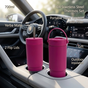 Set de Termo de Acero Inoxidable 304 de 700ml 3 en 1 para <span class=keywords><strong>Yerba</strong></span> <span class=keywords><strong>Mate</strong></span>, Vaso Portátil de Viaje con Filtro y 2 Tapas Abatibles, Aislado para Exteriores, Regalo - Product Image 1