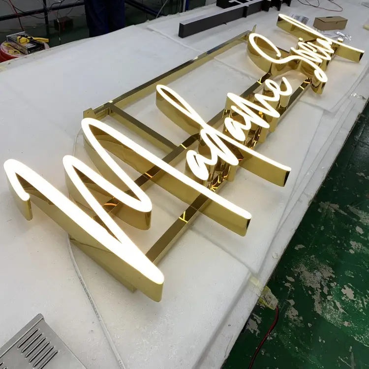 Outdoor business gold store front sign shop metal 3d light signage custom logo illuminated channel letters sign for commercial