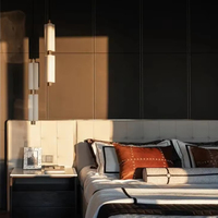 Ensemble de Chambre Contemporain Moderne Minimaliste Lit King-Size Flottant Tête de Lit de Villa Design Penthouse de Luxe Mobilier en Cuir