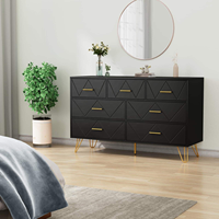 Commode de luxe en bois massif noir à 7 tiroirs avec poignées dorées, panneau MDF, meuble de rangement moderne pour chambre à coucher