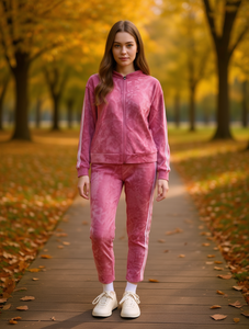 Tuta in pile rosa tie-dye da donna con cappuccio e cerniera, maniche lunghe, pantaloni casual a lunghezza caviglia con tasche laterali, ideale per l'autunno - Product Image 2