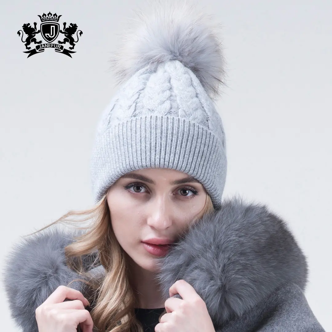 Beanie Hat Women Autumn Winter Warm Thicken Cashmere Wool Hat Raccoon Fur Pom Pom Beanie Knitted Hats For Women