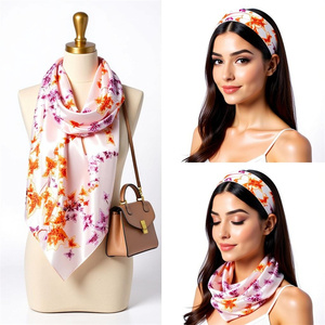 Pañuelo de Seda de Morera Floral Rosa Personalizado de 90 cm, Pañuelo Cuadrado Grande con Estampado de Hojas Naranjas para Hijab Musulmán y Coletero - Product Image 1