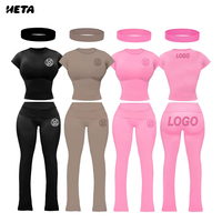 Ensemble deux pièces décontracté pour femme : haut à manches courtes et pantalon long en coton et élasthanne, idéal pour l'été, style streetwear, avec logo personnalisé