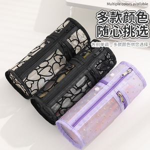 Mesh Makeup Bag Portable Cylindrical With Zipper For Travel And <b>Storage</b> Purple - Product Image 3