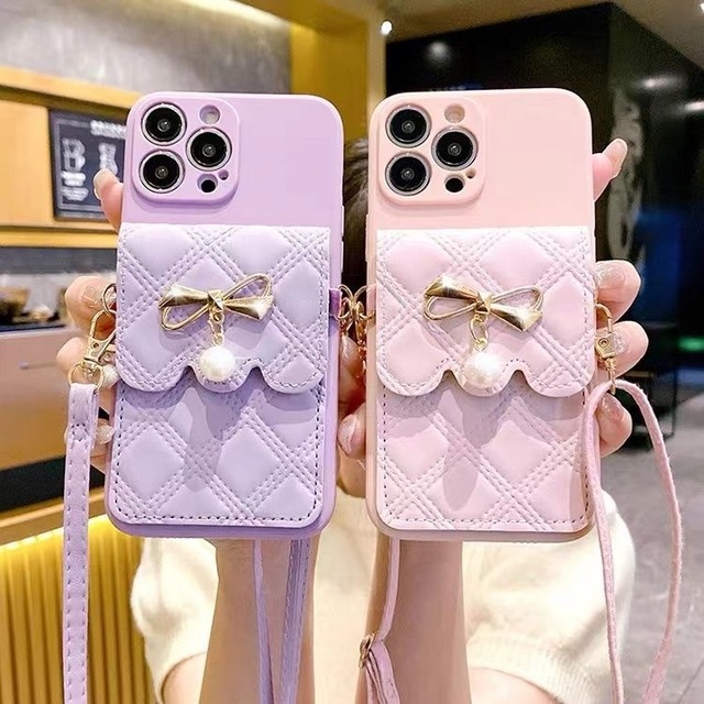 Butterfly Bow Leather Phone Case with Lanyard for iPhone 17 16 15 14 13 12 Pro Max, Coin Purse Card Holder Phone Case for Apple
