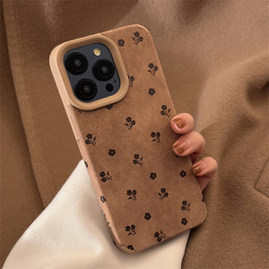 Black Little Flower Brown Faux Leather Mate a prueba de golpes UV pintado Ins Style Phone Case para 17 <span class=keywords><strong>Pro</strong></span> Max 16 Plus 15 14 13 12 Retro - Product Image 4