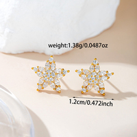 Anting Zirkon Pentagram Bunga Bintang Berlapis Emas 18K Tembaga Perhiasan Temperamen untuk Wanita