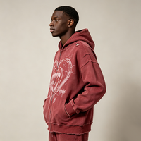 Sweat à capuche zippé rouge bordeaux vieilli, motif graffiti cœur d'horreur Kornit DTG, coupe oversize ample style streetwear
