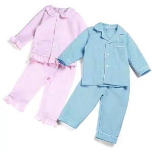 2020 Frühling RTS Lager Langarm 100 Baumwolle Seer sucker Bay Mädchen Pyjamas Pyjamas Set Jungen Paar weiche Nachtwäsche Kinder Pyjamas