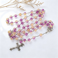 Collier de prière en perles de verre rondes bicolores en gros avec pendentif croix, perles de verre de 8 mm, bijoux catholiques