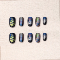 Ongles à presser personnalisés avec logo de Noël, longs, en forme d'amande, rouge, vert, pailletés, acryliques, couvrance totale, marque privée, vente en gros