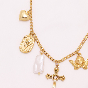 Designer oro 18k in acciaio inox PVD placcato oro molti charm cupido piccolo orso croce perla ciondolo collana a catena gioielli - Product Image 5