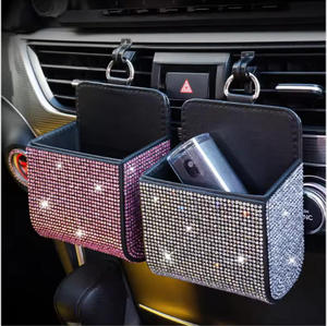 Caja de Almacenamiento para Auto, Porta <span class=keywords><strong>Teléfono</strong></span> con Incrustaciones de Diamantes, Organizador Multifuncional para Rejilla de Ventilación, Bolsa de Cuero Genuino con Diamantes, Contenedor de <span class=keywords><strong>Basura</strong></span> - Product Image 3