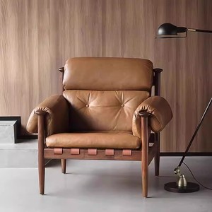 Paresseux en cuir rétro français de luxe nordique léger dans la chaise de loisirs simple en bois massif de style ancien - Product Image 2