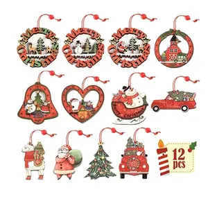 Kerstversieringen Houten Boomversieringen Houten Hangende Ambachten Santa Claus Sneeuwman Ornamenten Cadeau Tags Decor, Rood & Groen