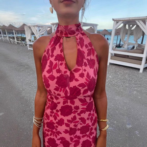 Robe longue à imprimé floral, col halter, taille naturelle, dos nu, respirante, robe de soirée - Product Image 2