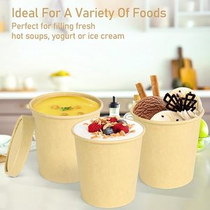 Gobelets à soupe en papier brun jetables, compostables, écologiques, à paroi simple, de qualité alimentaire, enduits, imperméables, avec couvercle - Product Image 3