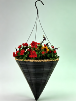 Panier suspendu en osier conique brun foncé, bord en corde beige, crochet métallique, doublure imperméable pour plantes rampantes de jardin