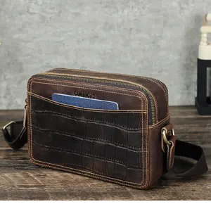 Gepersonaliseerde Gekke Paardenleren Crossbody Tas Mannen Met Krokodillentextuur Heren Zijsling Schoudertas