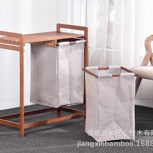 Panier à linge double compartiment en bambou et toile, support de rangement vertical pour vêtements, design simple - Product Image 5