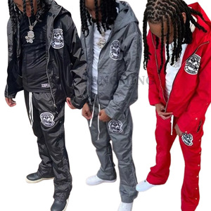 Kustom jaket ritsleting berkerudung cetak Logo Sweatsuit garis Flared nilon Jogger poliester jaket kargo pakaian olahraga nilon - Product Image 1