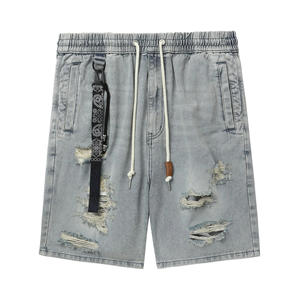 Pantalones cortos de mezclilla desgastados Rasgados Hombres Jeans Short Sport Jorts Hombres Denim Applique Logo Esticated Cordón Cintura Jorst - Product Image 1