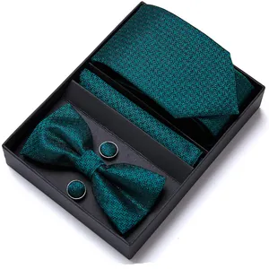 奢华绿色蓝色男士领带别针袖口链扣套装领结，口袋方形套装装在盒子里