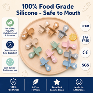 Cuillère et fourchette en silicone pour bébé - Sans BPA, forme animale, manche court pour l'autonomie alimentaire du bébé, vaisselle pour bébé, ustensiles pour l'autonomie alimentaire - Product Image 1