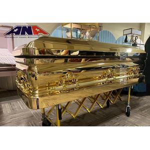 Роскошный металлический гроб ANA в американском стиле, покрытый золотом, с бархатной отделкой цвета миндаль - Product Image 1