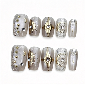 Ongles Courts Carrés Faits Main à Coller, Motif Lune et Étoiles Dorées Célestes, Paillettes Argentées, Ongles <span class=keywords><strong>de</strong></span> Luxe Réutilisables en Gros - Product Image 1