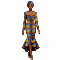 Robe sirène en coton imprimé wax africain de haute qualité avec foulard, robes ethniques à manches longues et col en V pour femmes