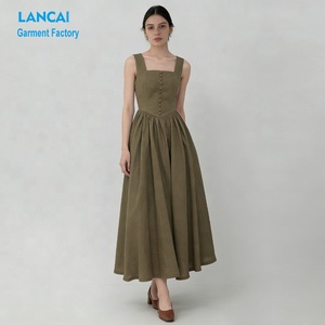 Empresas de Fabricación de Ropa para Mujer, Vestido Largo de Lino Personalizado con Cuello Cuadrado, Sin Mangas, Estilo Swing, con Botones - Product Image 1