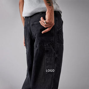 Jeans noirs personnalisés de haute qualité avec logo, pour hommes, style streetwear, délavés, double genou, coupe baggy, avec poches cargo, pantalon de charpentier tendance pour hommes - Product Image 4