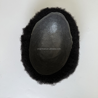 Système de remplacement capillaire en cheveux humains bouclés afro, avec base en PU et dentelle, 2mm, noir de jais, cheveux vierges, toupet pour hommes